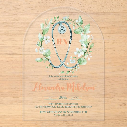 Boho Green Waterverf Nursing School Afstuderen Acryl Uitnodigingen (Voorkant)