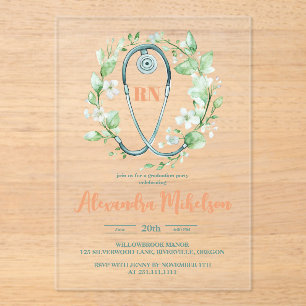 Boho Green Waterverf Nursing School Afstuderen Acryl Uitnodigingen