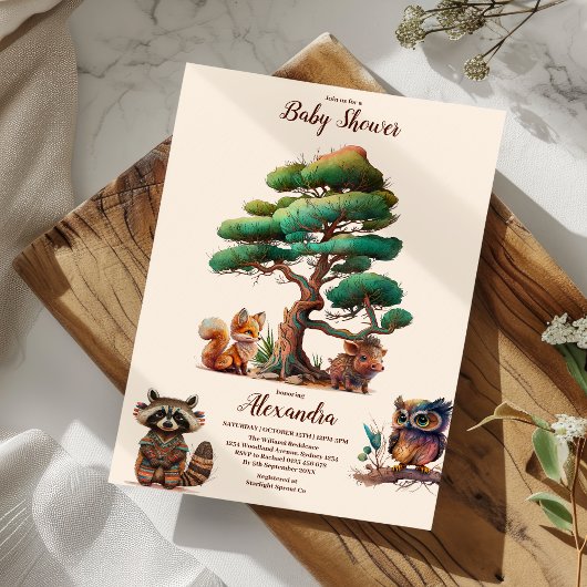 Boho Green Woodland Animals Baby shower Kaart
