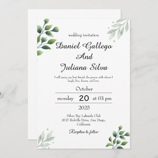 Boho Greenery bruiloft uitnodiging (Voorkant / Achterkant)