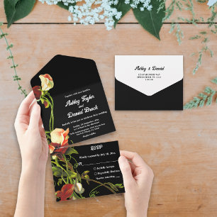 Boho Greenery Burgundy Rozen Black Floral Wedding All In One Uitnodiging