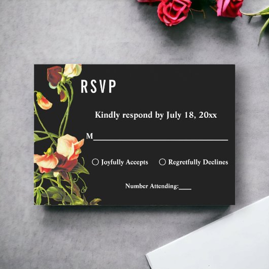 Boho Greenery Burgundy Rozen Black Floral Wedding RSVP Kaartje