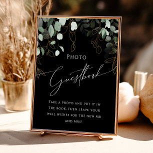 Boho Greenery en Gold Black Photo Guest Book Sign Poster