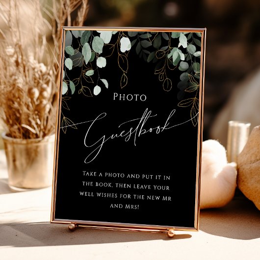 Boho Greenery en Gold Black Photo Guest Book Sign Poster
