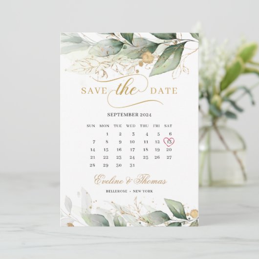 Boho greenery eucalyptus en goudbladeren bruiloft save the date (Staand voorkant)