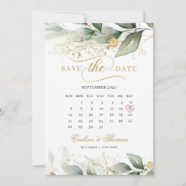 Boho greenery eucalyptus en goudbladeren bruiloft save the date