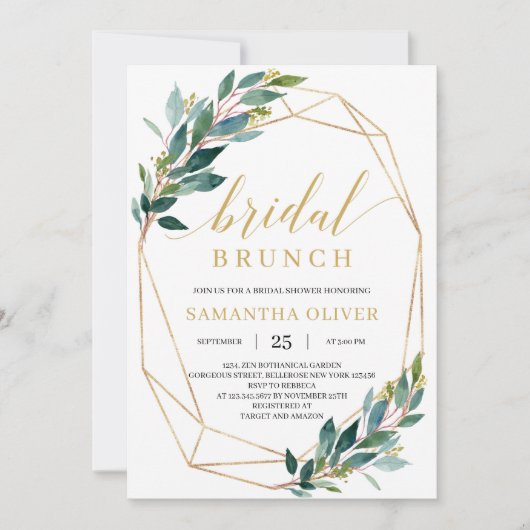 Boho greenery eucalyptus gold lijst bridal brunch kaart (Voorkant)