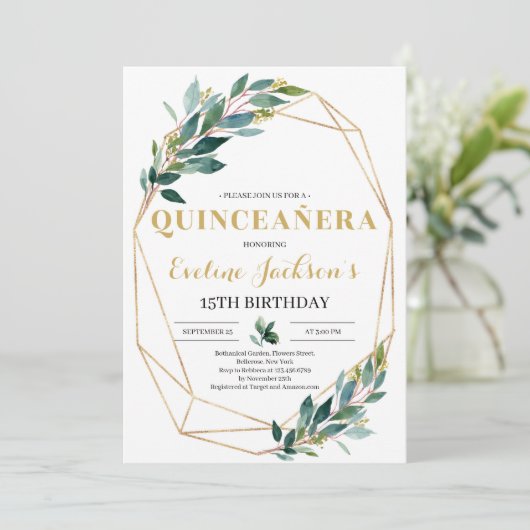 Boho greenery eucalyptus gold quinceanera kaart (Staand voorkant)
