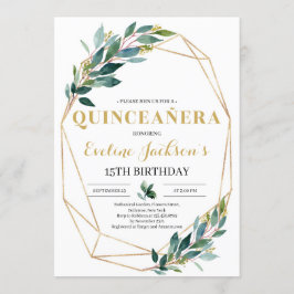 Boho greenery eucalyptus gold quinceanera kaart