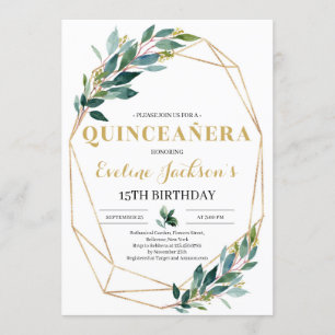 Boho greenery eucalyptus gold quinceanera kaart