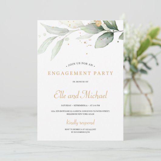 Boho greenery eucalyptus gold spetters verloving kaart (Staand voorkant)