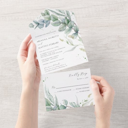 Boho Greenery Eucalyptus Leaves Wedding All In One Uitnodiging (Afscheurbaar)