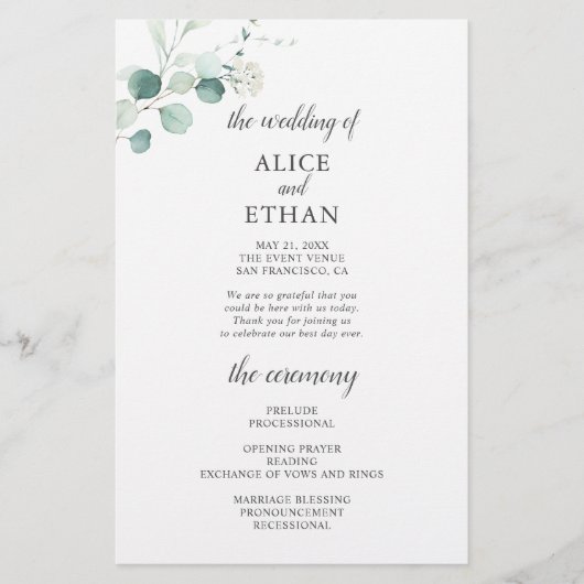 Boho Greenery Eucalyptus Leaves Wedding Program (Voorkant)