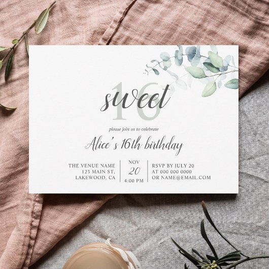 "Boho Greenery Eucalyptus Sweet 16 Kaart