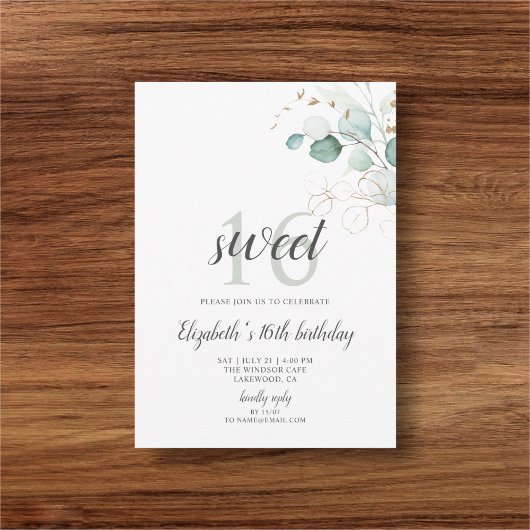 Boho Greenery Eucalyptus Sweet 16 Kaart