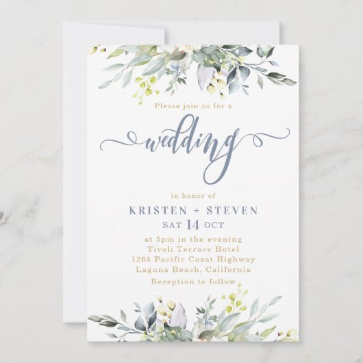 Boho Greenery Eucalyptus Wedding Dusty Blue Kaart (Voorkant)