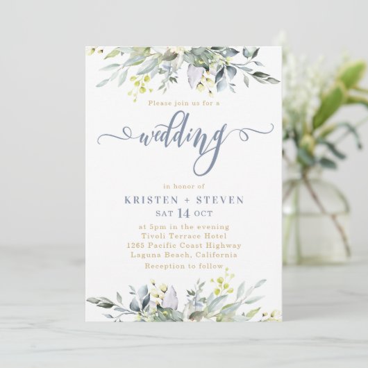 Boho Greenery Eucalyptus Wedding Dusty Blue Kaart (Staand voorkant)