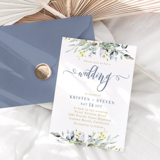 Boho Greenery Eucalyptus Wedding Dusty Blue Kaart