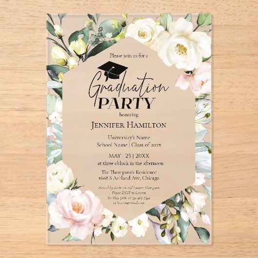 Boho Greenery Floral Lijst Afstudeerfeest Acryl Uitnodigingen (Voorkant)