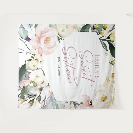 Boho Greenery Floral Lijst Sweet 16 Achtergronden Wandkleed (Voorkant (horizontaal))