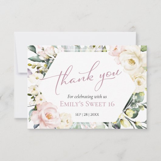 Boho Greenery Floral Sweet 16 Dank u kaarten (Voorkant)