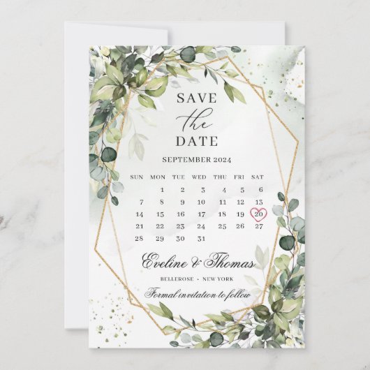 Boho greenery foliage gold lijst maandkalender save the date (Voorkant)