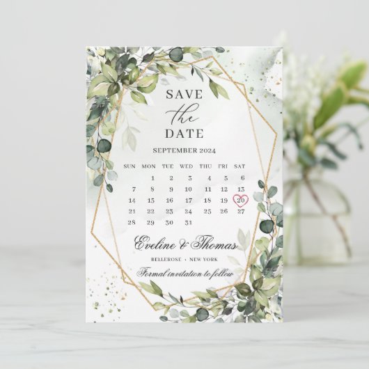 Boho greenery foliage gold lijst maandkalender save the date (Staand voorkant)