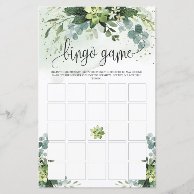 Boho greenery foliage succulent floral bingo game (Voorkant)