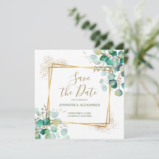Boho Greenery Geometrisch Vierkant Save the Date Kaart (Staand voorkant)