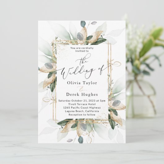 Boho Greenery & Gold Eucalyptus Lijst Wedding Kaart (Staand voorkant)