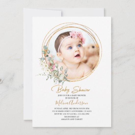 Boho Greenery Gold Lijst waterverf baby shower Kaart (Voorkant)