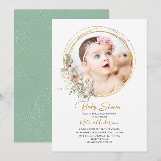 Boho Greenery Gold Lijst waterverf baby shower Kaart (Voorkant / Achterkant)
