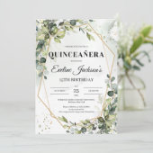 Boho greenery laat gouden lijst quinceanera over kaart (Staand voorkant)