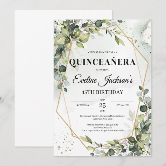 Boho greenery laat gouden lijst quinceanera over kaart (Voorkant / Achterkant)