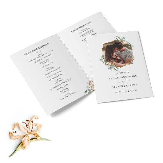 Boho Greenery Leaves Photo Wedding Folded Program
