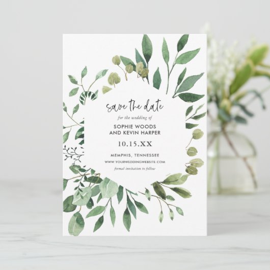 Boho Greenery Modern Save the Date Cards (Staand voorkant)