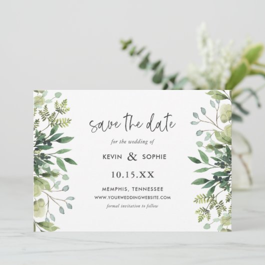 Boho Greenery Modern Save the Date Cards (Staand voorkant)