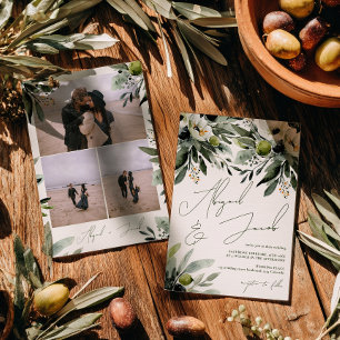 Boho Greenery Olive Waterverf 3 foto bruiloft Kaart