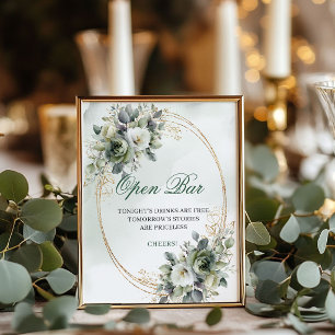 Boho Greenery Open Bar 8x10 Tafel Sign Gold Poster
