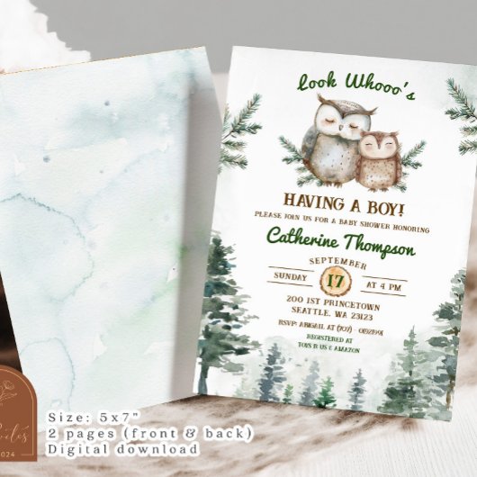 Boho Greenery Owl Baby shower Kaart