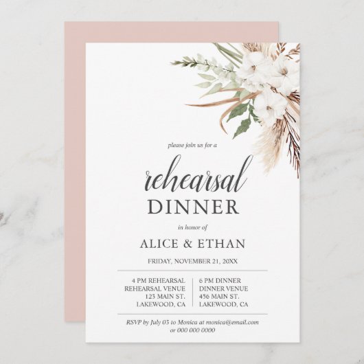 Boho Greenery Pampa Grass Rehearsal Dinner Kaart (Voorkant / Achterkant)