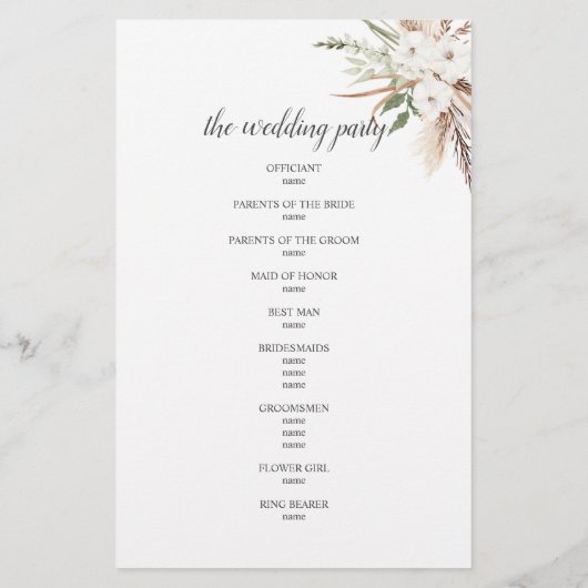 Boho Greenery Pampa Grass Wedding Programme (Achterkant)