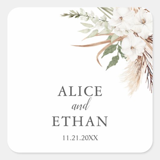 Boho Greenery Pampa Grass Wedding Square Sticker (Voorkant)