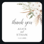 Boho Greenery Pampa Grass Wedding Vierkante Sticker<br><div class="desc">Boho bouquet van witte bloemen,  pampagras en groene bladeren.</div>