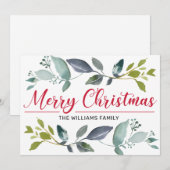 Boho Greenery Red Merry kersttypografie Feestdagenkaart (Voorkant / Achterkant)