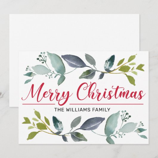 Boho Greenery Red Merry kersttypografie Feestdagenkaart (Voorkant / Achterkant)