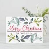 Boho Greenery Red Merry kersttypografie Feestdagenkaart (Staand voorkant)
