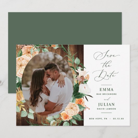 Boho Greenery Rustic Barn Wood Foto Save The Date (Voorkant / Achterkant)