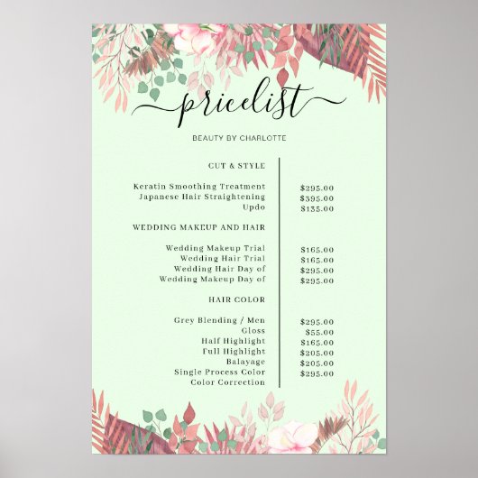 Boho Greenery Salon prijslijst Poster (Voorkant)
