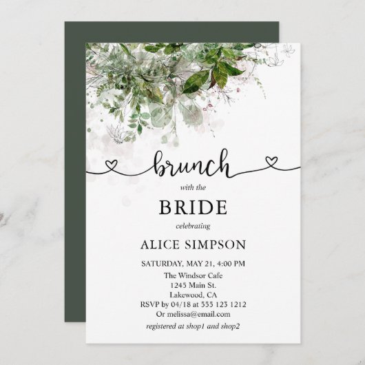 Boho Greenery Script Heart Brunch Vrijgezellenfees Kaart (Voorkant / Achterkant)